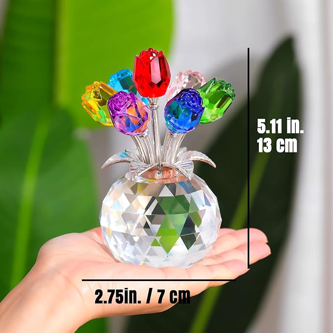 Ornalrist Crystal Colorful Rose Flower Collectible Figurine with Vase, Rose Bouquet Floral Romantic Gifts for Wife Mom Women on Mother's Day Valentine's Anniversary Christmas (5.11'' Gift Boxed)