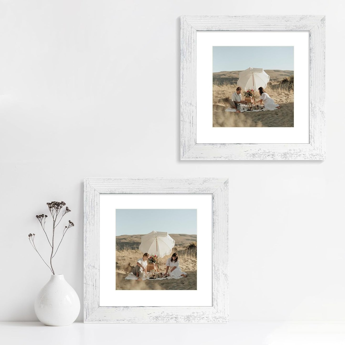 iRahmen 8x8 Picture Frames Set of 4 with Real Glass, Distressed White Frame Display 6x6 Pictures with Mat or 8 x 8 Without Mat, Wood Square Photo Frame for Wall Mount and Tabletop Display