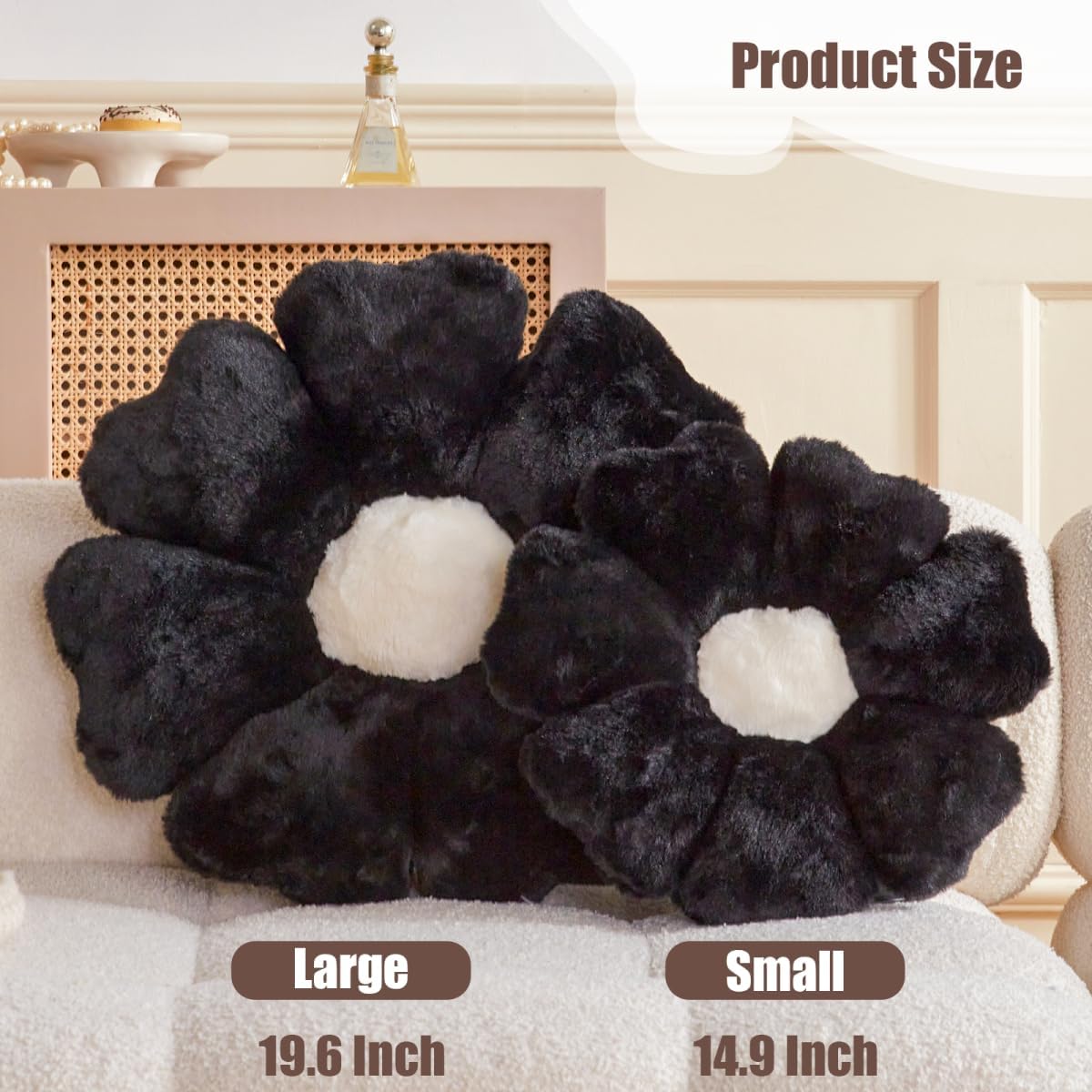 Flower Pillow, Black Daisy Flower Decorative Pillows for Bed, Cute 19.6" Flower Shaped Pillow with Soft Faux Rabbit Fur Dorm Home Decor Floor Seating Cushion