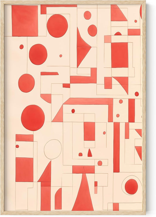 HAUS AND HUES Colorful Abstract Wall Art - Minimalist Retro Picture for Living Room Decor, Red and Pink Modern Wall Art Painting (Red Geometric, Beige Frame, 24x36)