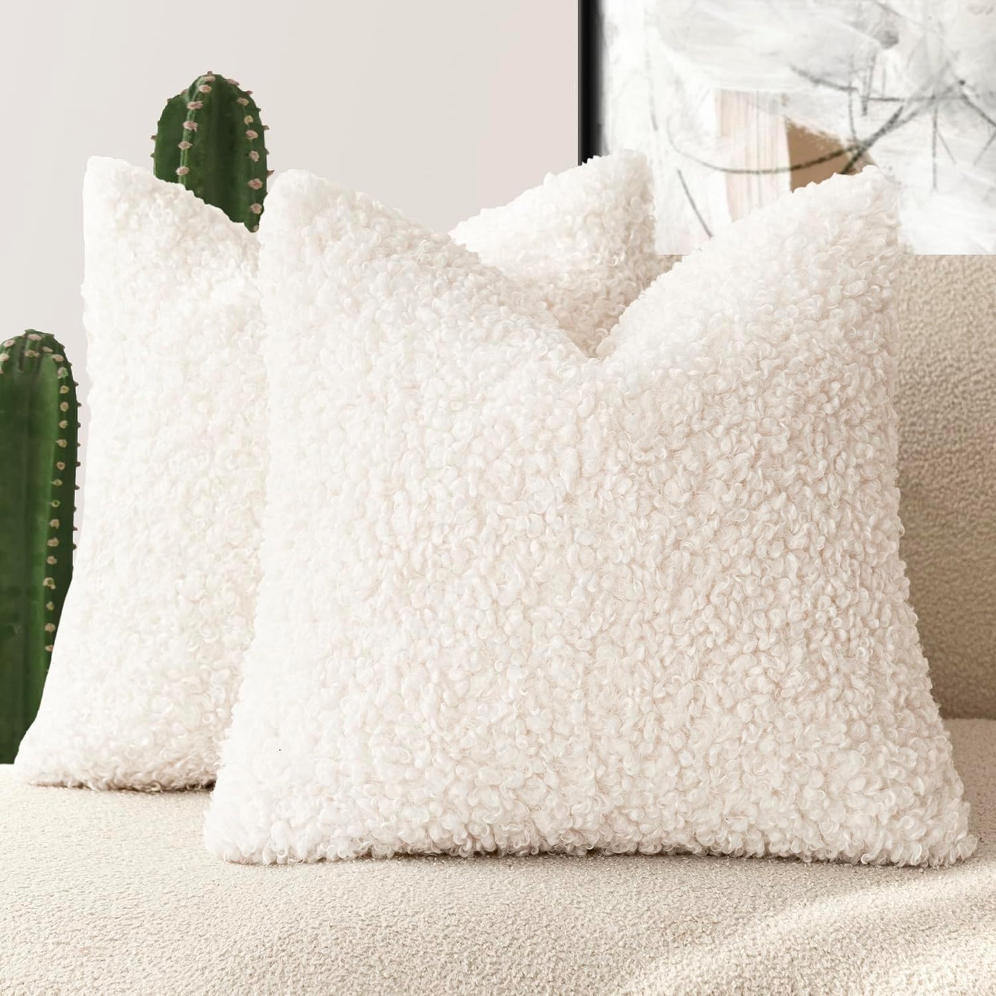 Foindtower 2 Pieces 16x16 Inch White, Faux Fur Throw Pillow Cover Accent Sherpa Pillow Fuzzy Soft Pillowcases Sheepskin Decorative Fleece Cushion Case for Bed Couch Living Room