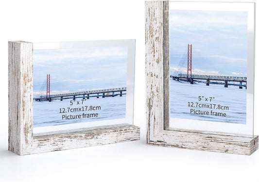 Lavezee 5x7 Picture Frames Set of 2, Double Sided Frame with Distressed White L Shaped Horizontal Vertical Holder Stand for 5 by 7 Photo Art, Desktop or Tabletop Decor