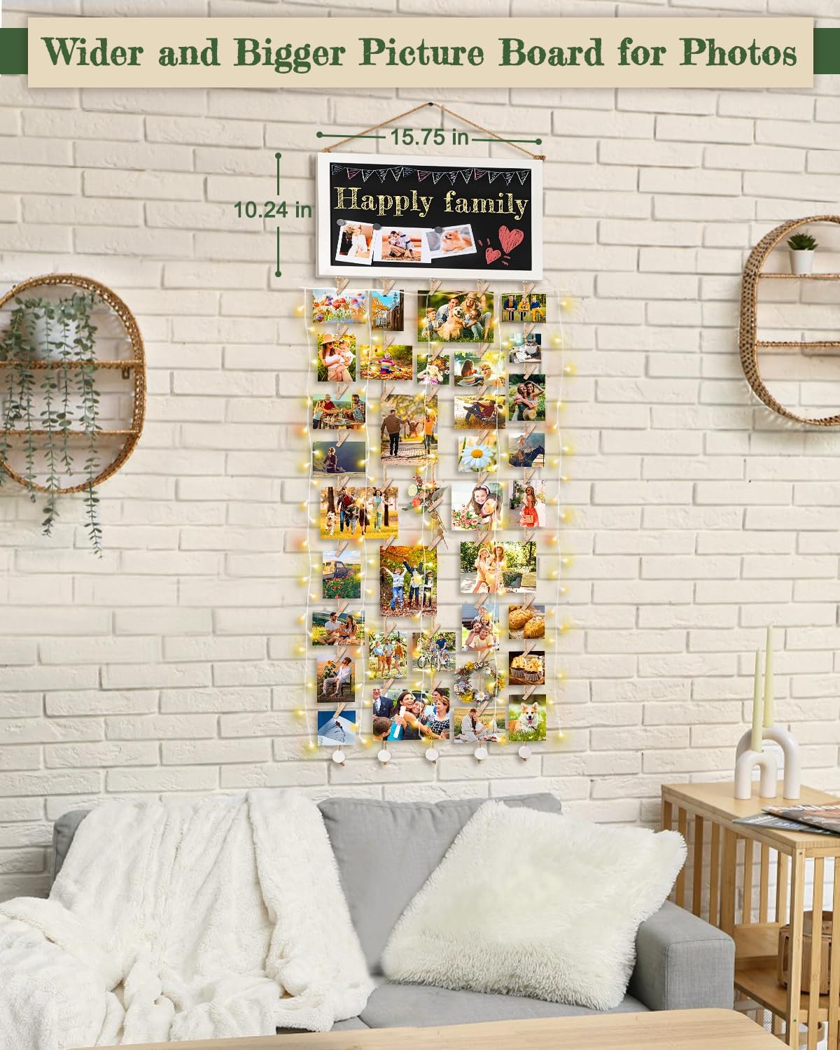 Bikoney Large Picture Board Picture Frames Collage Photo Hanging Display Wood Rustic Frames for Wall Decor and Dorm Room Decor with Blackboard Self Adhesive Hooks No Holes Drilling