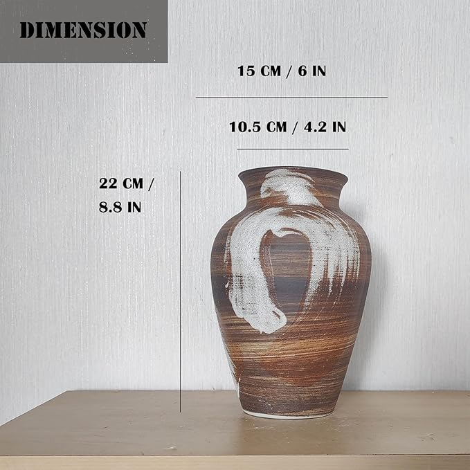 Rustic Brown Vase - 10" Handmade Brown and White Farmhouse Terracotta Vase, Unique Boho vase, Decorative Neutral Vases Home Decor, Vintage Ceramic Flower vases for Living Room, Kitchen Decor