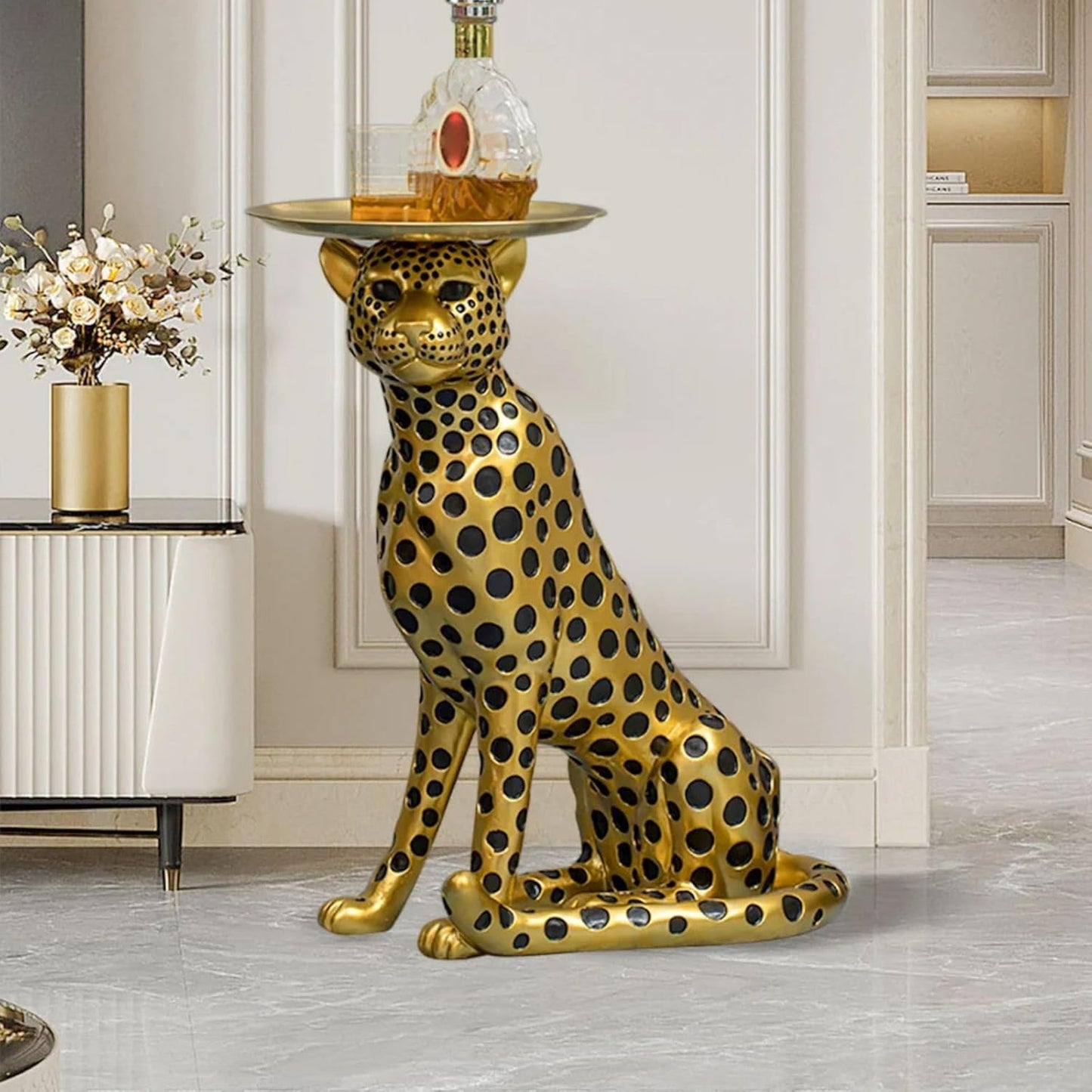 LOVEDIMA 24.2" Resin Panther Statue Luxury Gold Leopard Floor Figurine Accent Side Statue with Tray Top for Small Space Living Room Bedroom