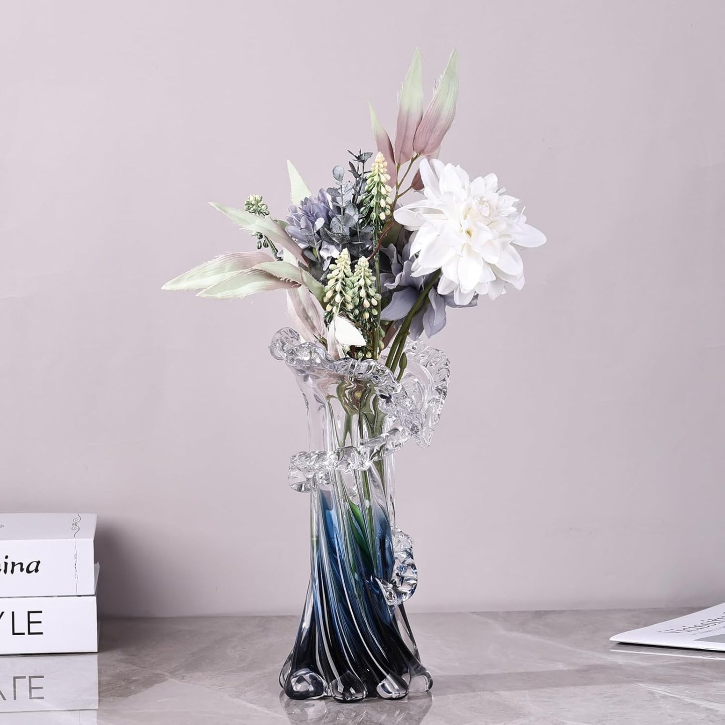 Blue White Clear Wave Vases Gradient, Murano Hand Blown Glass Vase Unique Art Decorative, for Ocean Themed Coastal Home Centerpiece Modern Office Entrance Table Creativity