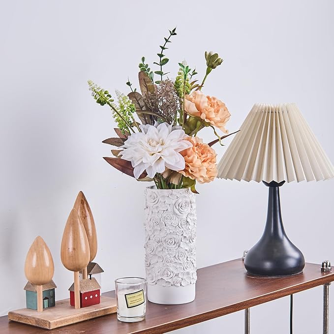 White Rose Hand-Carved Resin Vase – 8 Inch Decorative Cylinder Vase for Pampas Grass, Centerpiece, Home Decor | Elegant Entryway, Countertop & Nightstand Accent | Unique Housewarming Gift