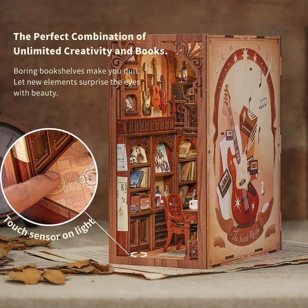 Cutefun Book Nook Kit,3D Wooden Puzzle Bookends,Miniature house kit with dust cover,Bookends Kit with LED Lights,DIY Dollhouse Bookend Tiny House for Adults,Birthday Easter Home Decor for Teens Adults