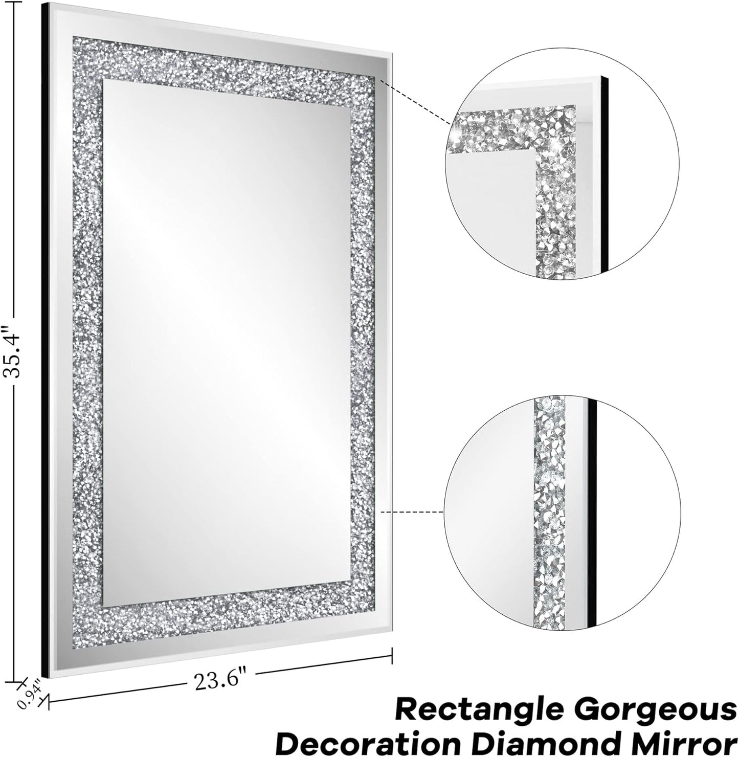 Crystal Decorative Mirror-36 x24 Gorgeous Silver Mirror, Crush Diamond Mirror for Wall Decoration Bedroom, Bathroom, Dining Room and Living Room