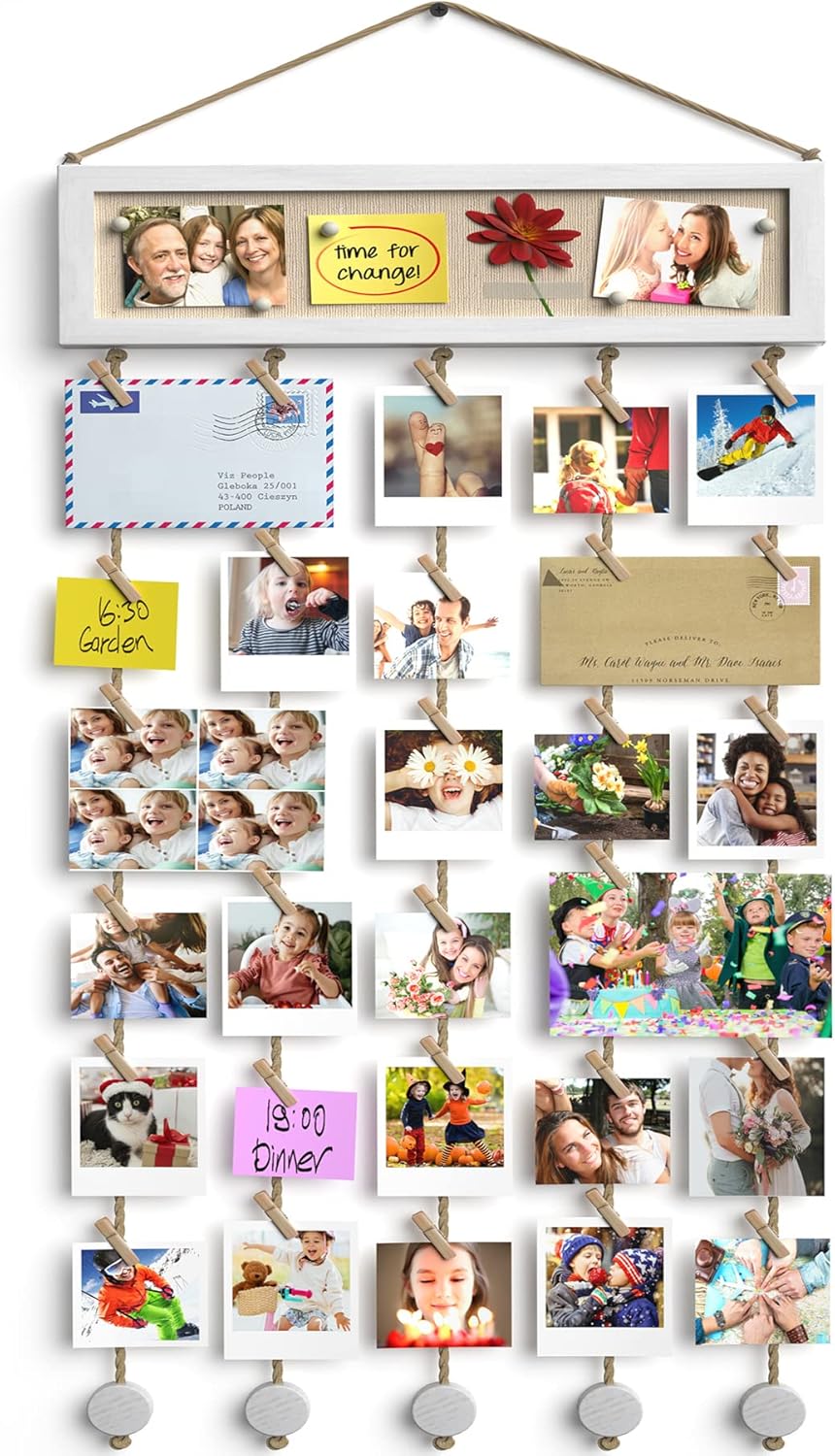 Bikoney Collage Picture Frames Hanging Photo Display Multi Pictures Organizer with Wood Bulletin Board Photo Board 30 Clips and 6 Pushpins for Room Wall Decor (White)