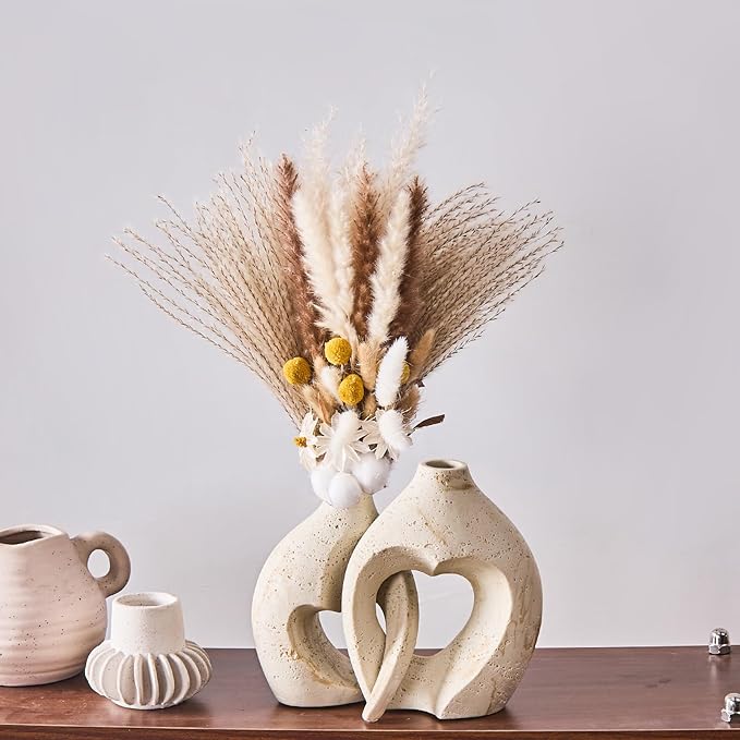 Modern Hollow Vase Set of 2 - Natural Travertine Textured Resin Vases for Flowers, Pampas Grass, Home Decor - Centerpiece for Bathroom, Entryway, Nightstand (8.5 Inches Tall, Heart Design)