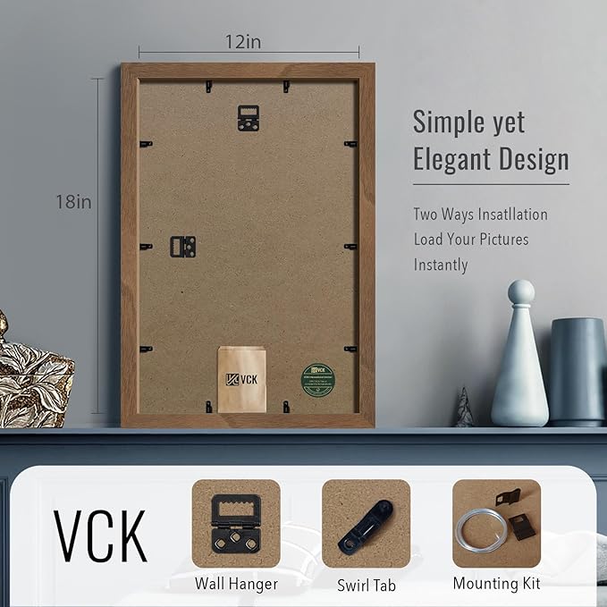 VCK 12x18 Poster Frame 3 Pack - Brown Walnut, Natural Textured Solid Wood Picture Frame, Wall Gallery Frame