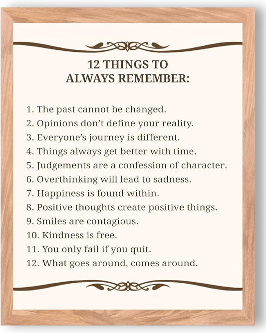 Inspirational Wall Art – 12 Things To Always Remember Quote Print – 8x10 Motivational Poster with – Positive Affirmation Home Office Decor & Thoughtful Gift Idea. (8x10 Brown Frame)