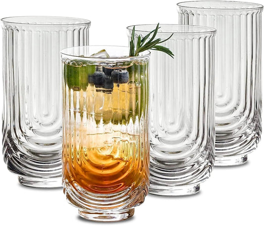 INSETLAN Vintage Glassware Arch Design Glass cups Set of 4, Fashioned Ripple Glassware Highball Glass, Classic Transparent Cocktail Glasses, for Bar Beverages Ice Coffee Juice Water (4pcs-L)