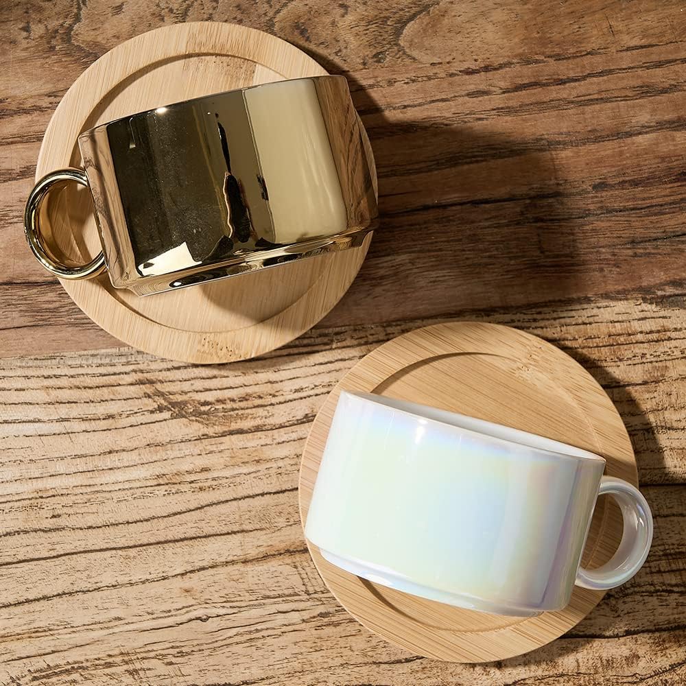 LUKA Porcelain Espresso Cup with Saucers and Metal Stand - 6 Ounce Stackable Ceramic Demitasse Espresso Mugs Cappuccino Cups Set for Latte, Coffee, Cafe Mocha, Tea - Set of 4,Shimmer Golden