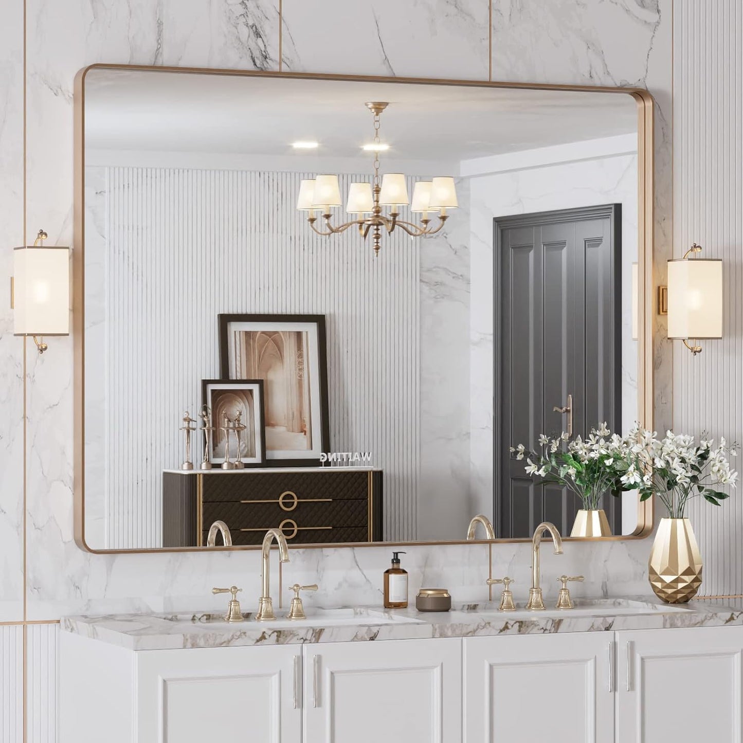 LOAAO 48”X36” Gold Bathroom Mirror, Rounded Rectangle Gold Frame Mirror, Brushed Gold Bathroom Vanity Mirror Wall-Mounted, Anti-Rust, Tempered Glass, Hangs Horizontally or Vertically
