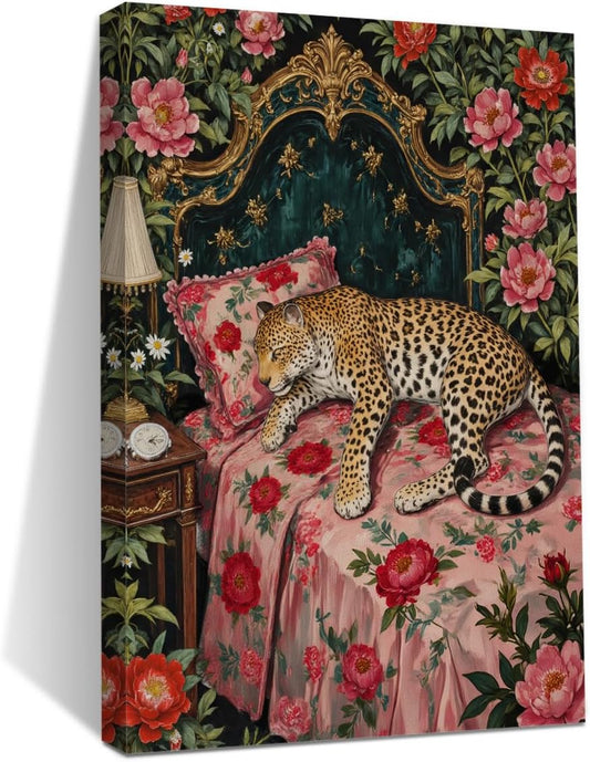 Leopard in Bed Wall Art, Mid Century Vantage Animal Portrait Oil Painting Canvas Framed Prints Modern Decorations, Maximalist Leopard Poster for Bedroom Living Room Entryway Aesthetic