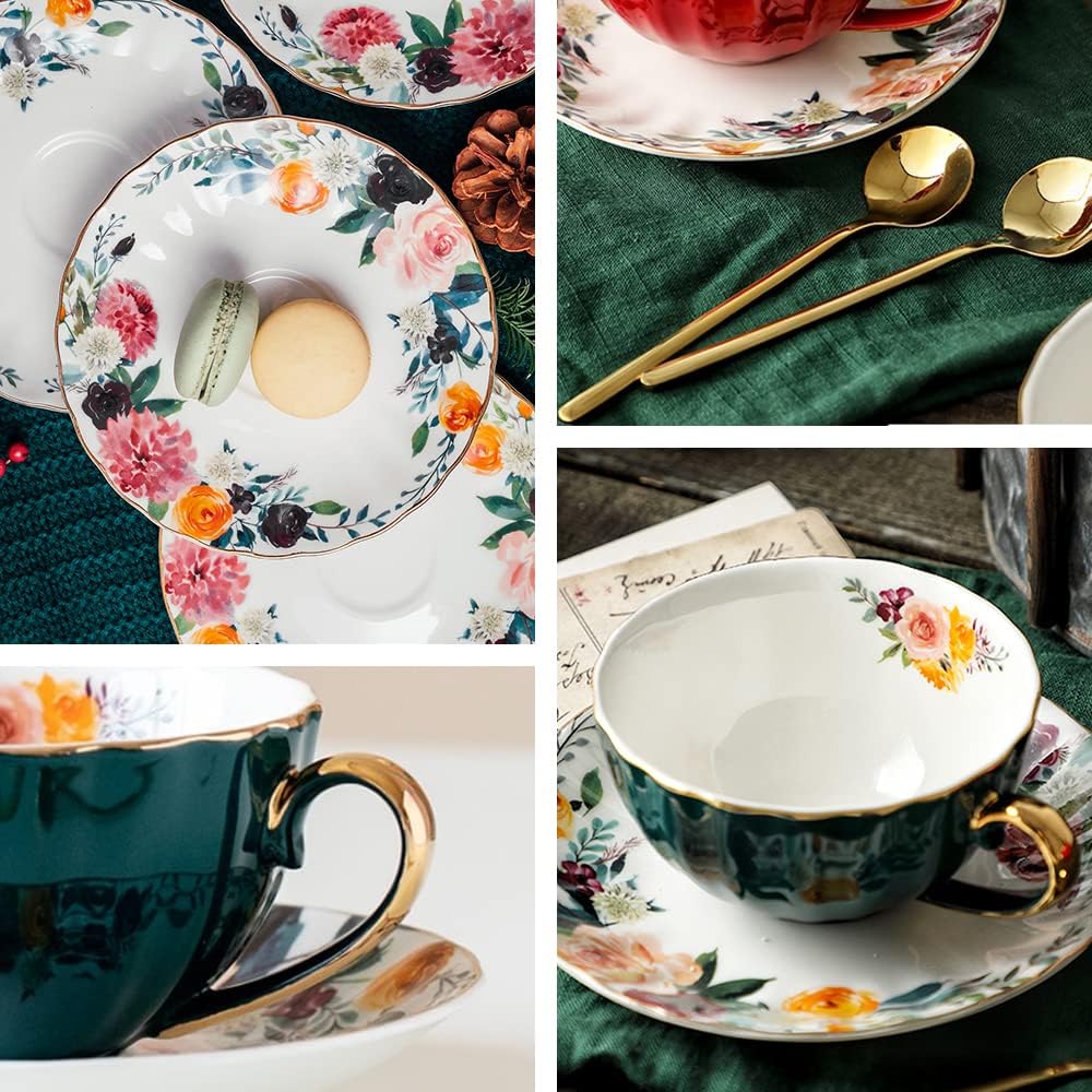 Green Tea Cup and Saucer,Porcelain Coffee Cup Royal Ceramic Floral Lined Design Teacup with Gold Trim and Spoon,8 oz Vintage China Mug Cup for Latte,Cappuccino,Tea Sets Birthday Gift