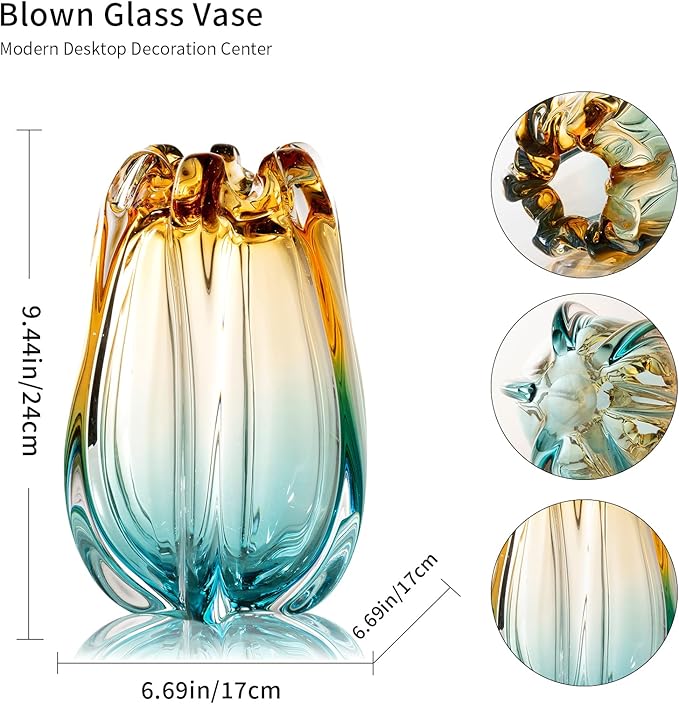 Hand Blown Glass Flower vases, Unique Glass vases, Wide Mouth vases, Small Modern Art Deco Glass vases for Home Living Room, Office, Table centerpieces, Bookshelves and Wedding Decorations