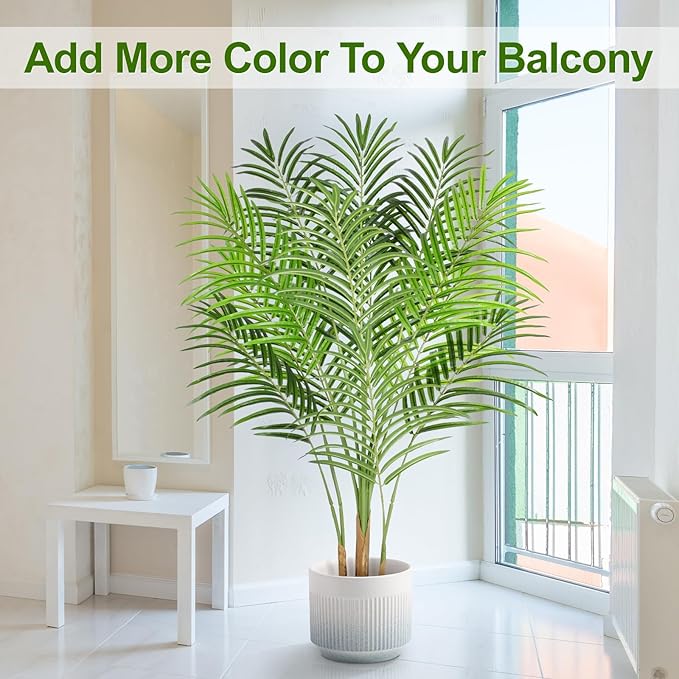 4ft Tall Fake Palm Tree with 13 Trunks and Real Bark Design, Green, Premium Polyester