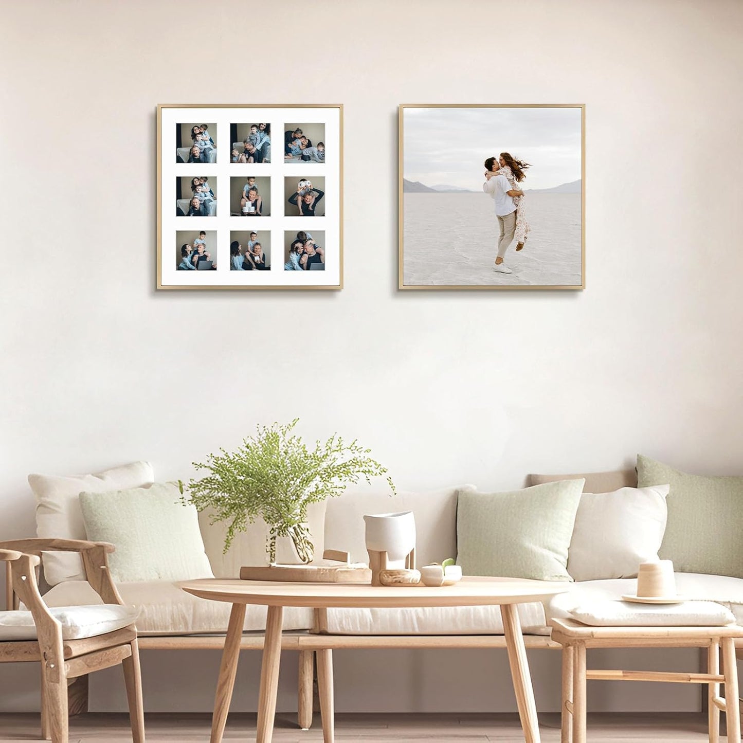 Frametory - 16x16 Aluminum Collage Picture Frame - Display 4x4 Pictures with 9 Openings Mat - Real Glass Front - Horizontal/Vertical Wall Mount - Gold 1 Pack