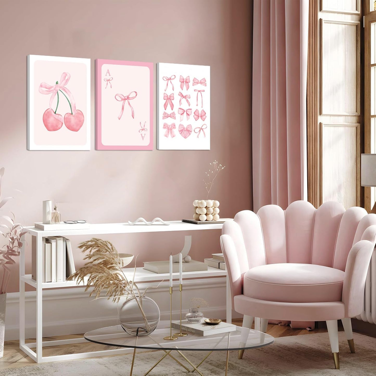 Julaydi Pink Preppy Wall Art Set of 3 Framed Trendy Bow Posters Pastel Bows Cherry Canvas Prints Cute Girly Aesthetic Home Decor Watercolor Ribbon Painting Picture for Girls Bedroom Living Room16X24in
