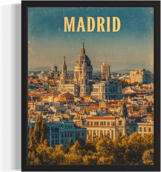 Madrid, Spain Art Print Poster, Europe Vintage City Retro Photography Skyline Travel Bedroom Bathroom Living Room Decor 183 (Madrid, Spain, 16 x 20 inches, Black Frame)