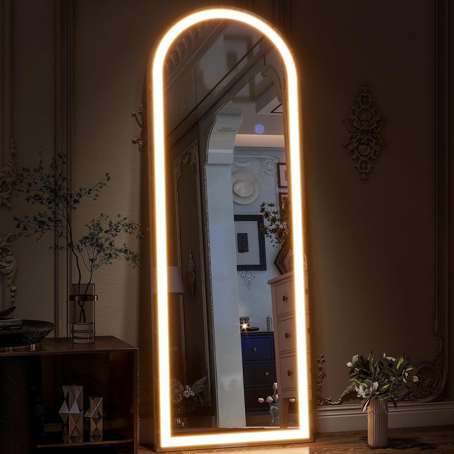 GLSLAND Arched LED Full Length Mirror 64" x 21" Arch Floor Body Standing Mirror with Lights Dimming Wall Mounted Hanging Floor Mirror for Bedroom