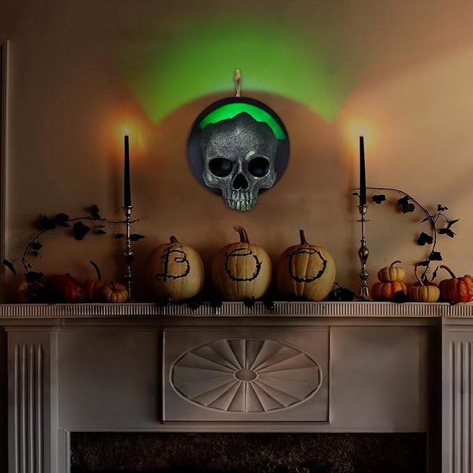 WONDER GARDEN 7.68 inch Halloween Skull Hanging Wall Decorations Light up Resin Green Gothic Skeleton Halloween Creepy Sculptures for Indoor Outdoor Office Horror Home Wall Decor