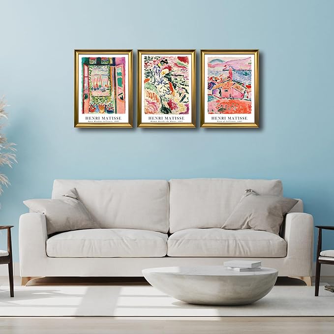 Wieco Art Framed Canvas Wall Art 3 Piece Henri Mattise Art Abstract Colorful Matisse Posters Canvas Prints for Wall and Home Office Decorations Bronze Gold Frame