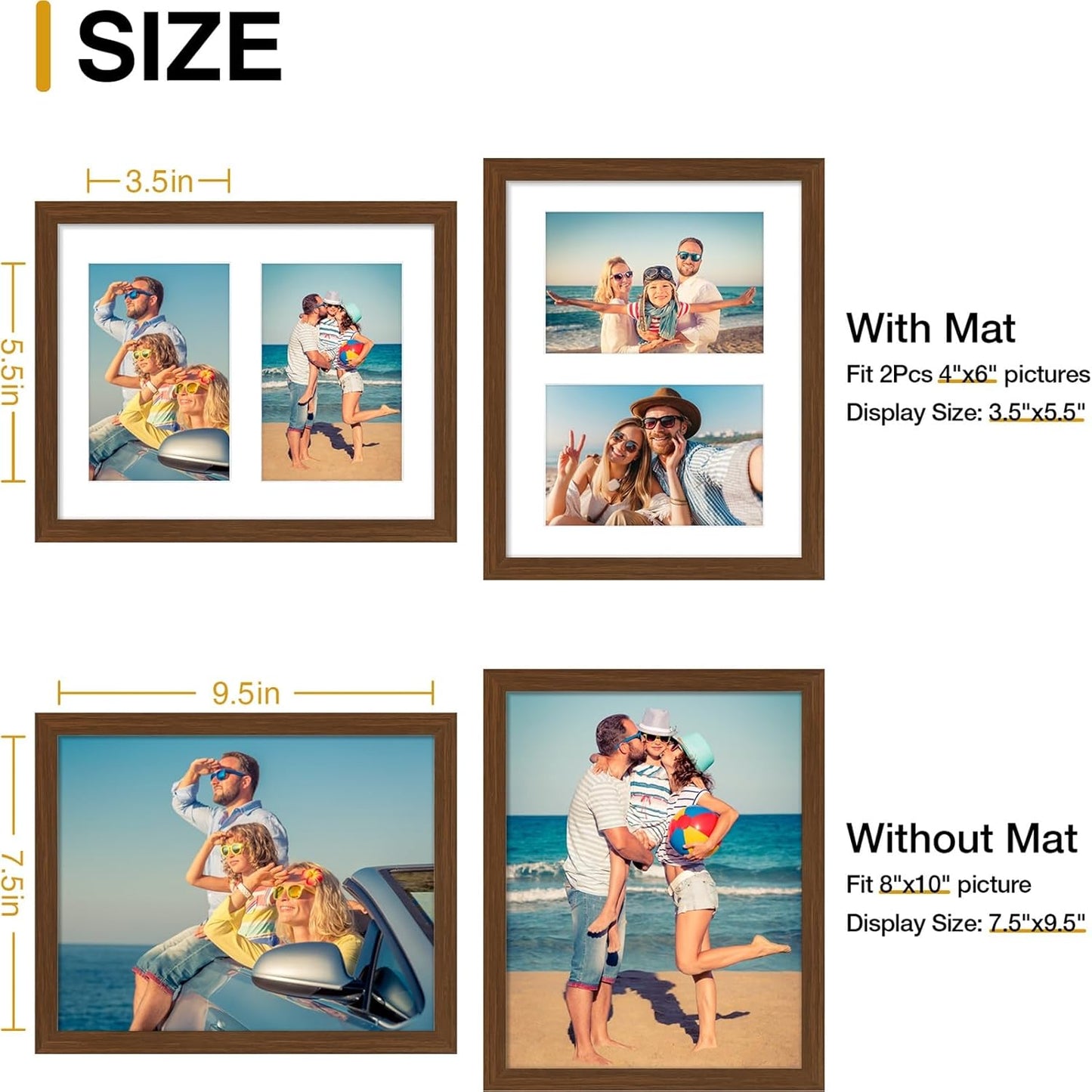 decorUhome 8x10 Picture Frames Collage Wall Decor, Display 2Pcs 4x6 Photos with Mat or 1Pcs 8x10 Unmatted, 2 4x6 Collage Picture Frames for Wall Mounting, Brown