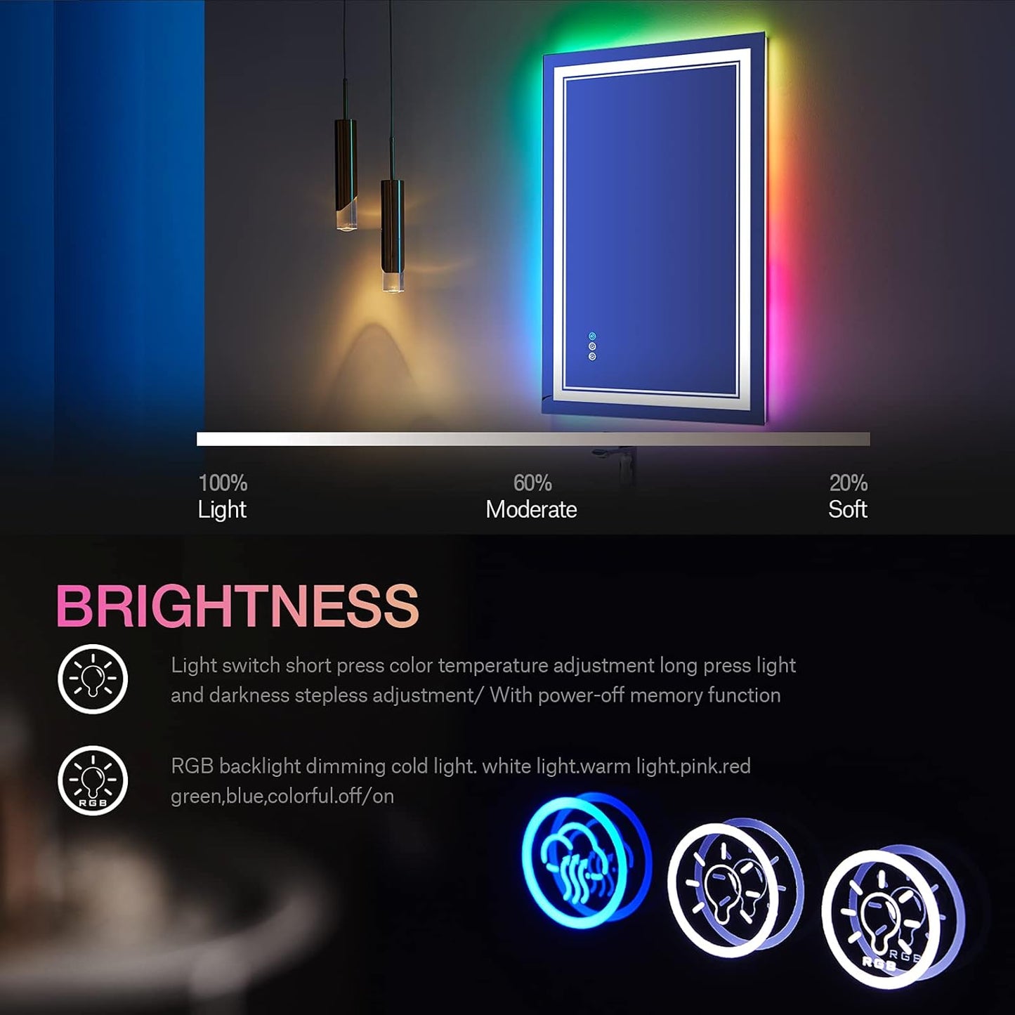 LED Bathroom Mirror, 20x28 inch, Wall Mount, Anti-Fog, RGB Backlit, Front-lit