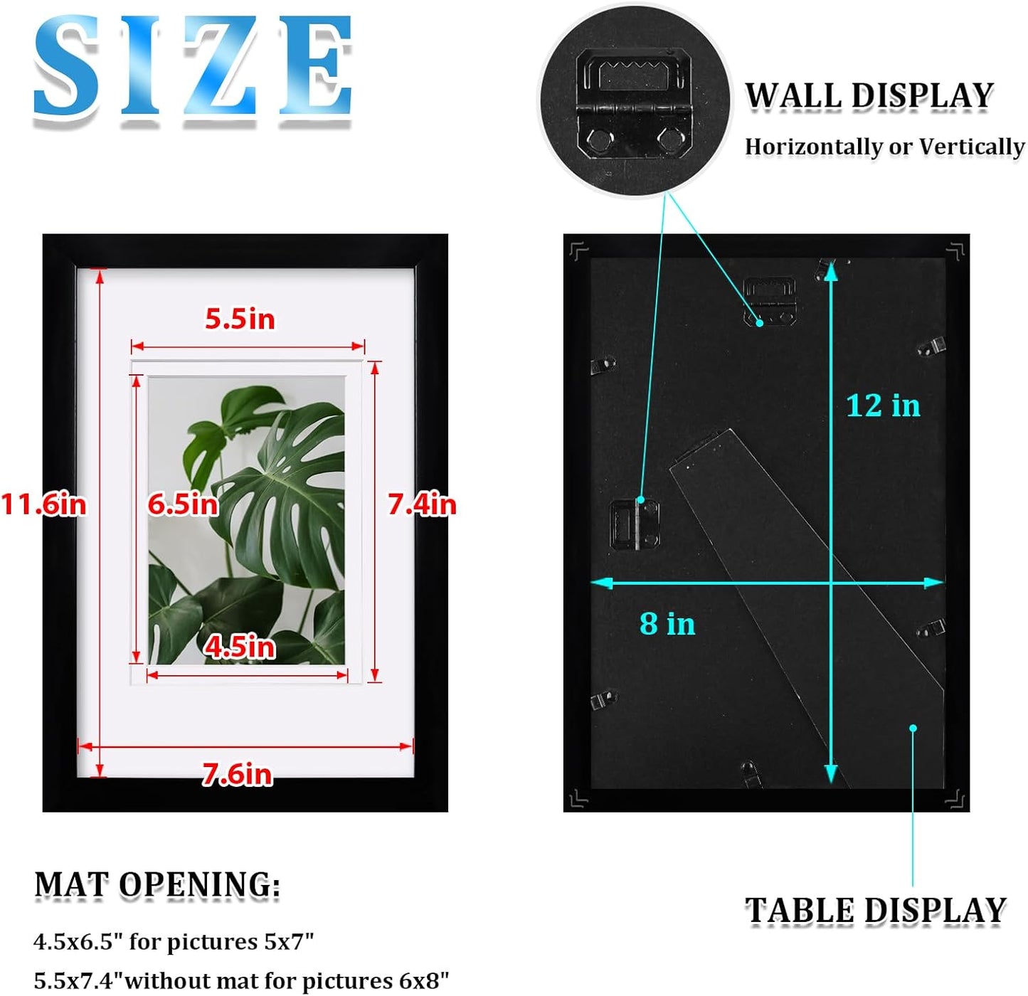 Egofine 8x12 Picture Frames Set of 4, Made of Solid Wood Covered by Plexiglass 5x7 and 6x8 with Mat or 8x12 without Mat, for Table Top Display and Wall Mounting Photo Frame Black