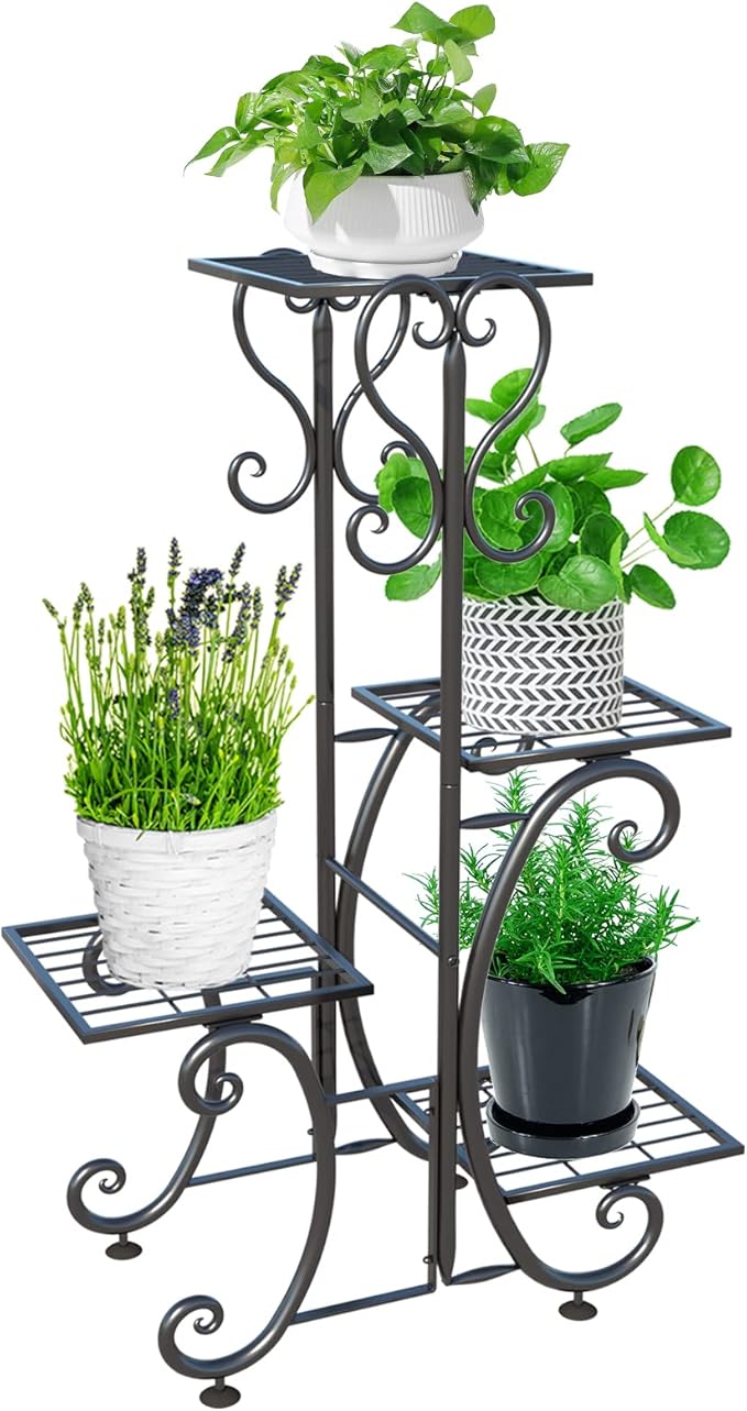 ZHAZHADI Metal Plant Stand Indoor Outdoor - 4 Tier Flower Pot Holder Shelf - Wrought Iron Planter Display Rack - Corner Vertical Shelves Organizer for Garden Patio Lawn balcony…