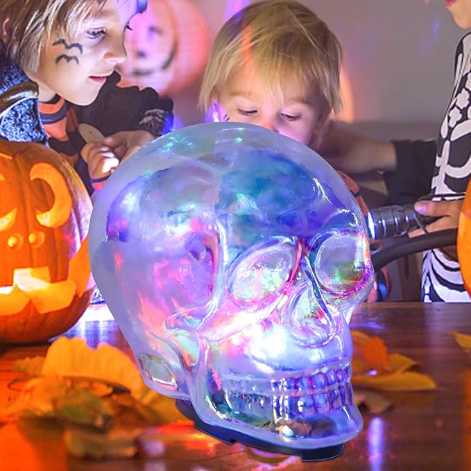 VCUTEKA Halloween Skull Human Light Indoor Decoration Skull Statue Halloween Sculptures with Colorful Light for Party Horror Decoration Holiday Decor Glass Figurines Gift