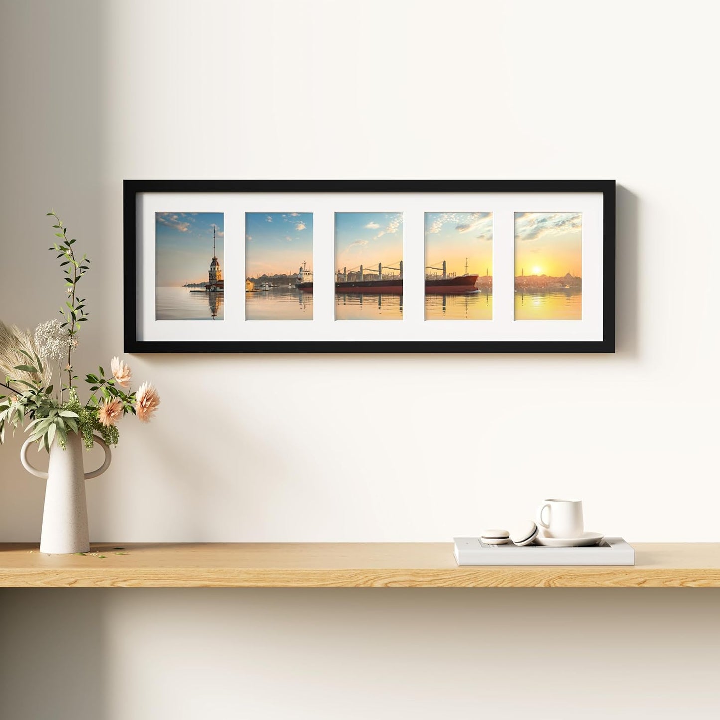 decorUhome 8x24 Picture Frames Collage Wall Decor, Display 5Pcs 4x6 Photos with Mat or 1Pcs 8x24 Unmatted, 5 4x6 Collage Picture Frames for Wall Mounting, Black