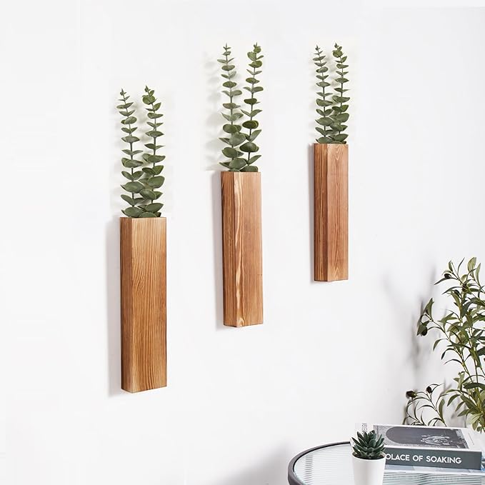 3-Pack Wood Wall Planters with 6 Removable Faux Eucalyptus Stems - Modern Farmhouse Wall Decor for Living Room, Bedroom, Bathroom - Wooden Wall Vases and Fake Eucalyptus for Home Office Decor