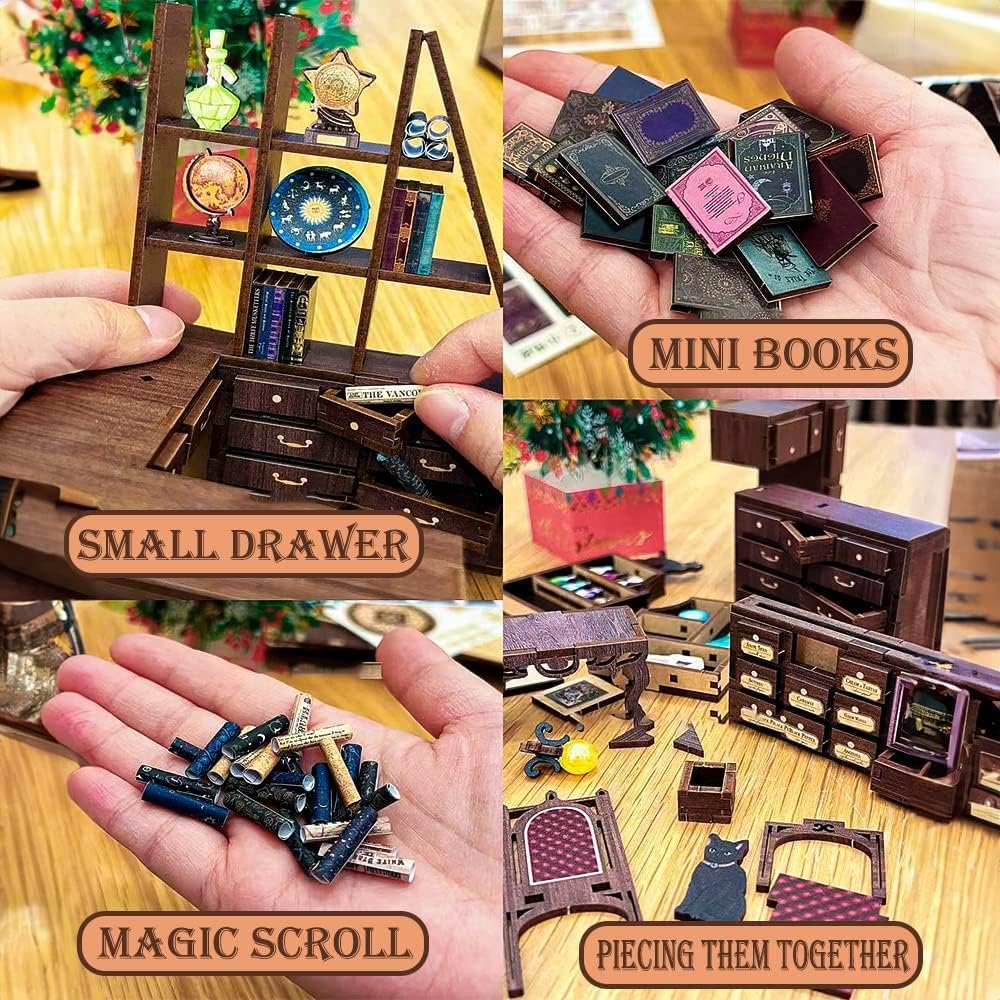Cutefun DIY Book Nook Kit Birthday Gift for Adults, Teens, Family, DIY Miniature House Booknook Kit Bookshelf Decor 3D Wooden Puzzles for Adults, Tiny Home Model with LED Light (Magic Pharmacist)