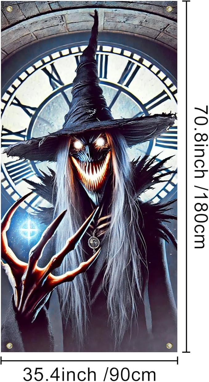 IVN Halloween Door Cover Clock Tower Witch Horror Enchanted Night Decor Photot Backdrop 35x71 Inch Festive Ornate Ornament Home Porch Decor Spooky Welcome Door Banner Outdoor Indoor Decoration