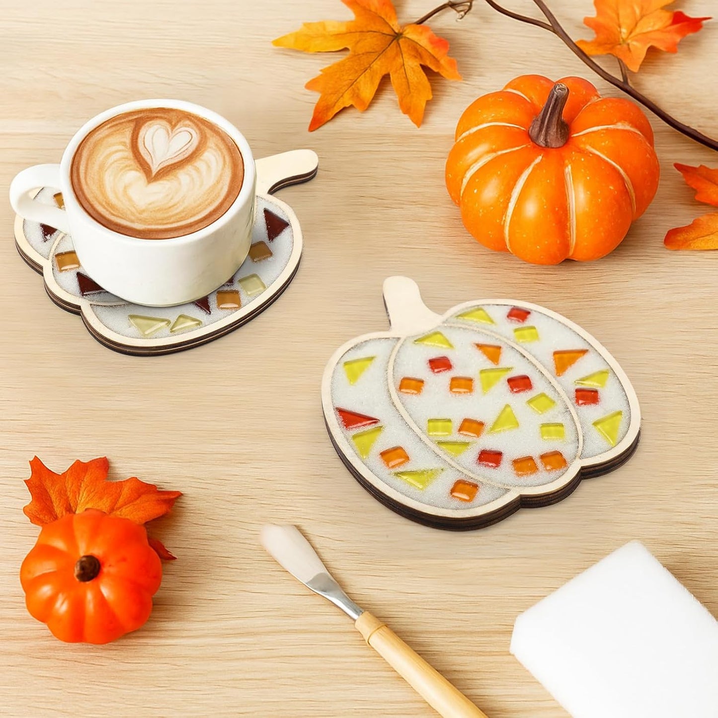 Honeydak 6 Sets DIY Glass Mosaic Tiles with 6 Wooden Coasters Making Mosaic Crafts Material Package Mixed Stained Glass for Handmade Colorful Home Decor Gift Indoor(Pumpkin,Warm Color)