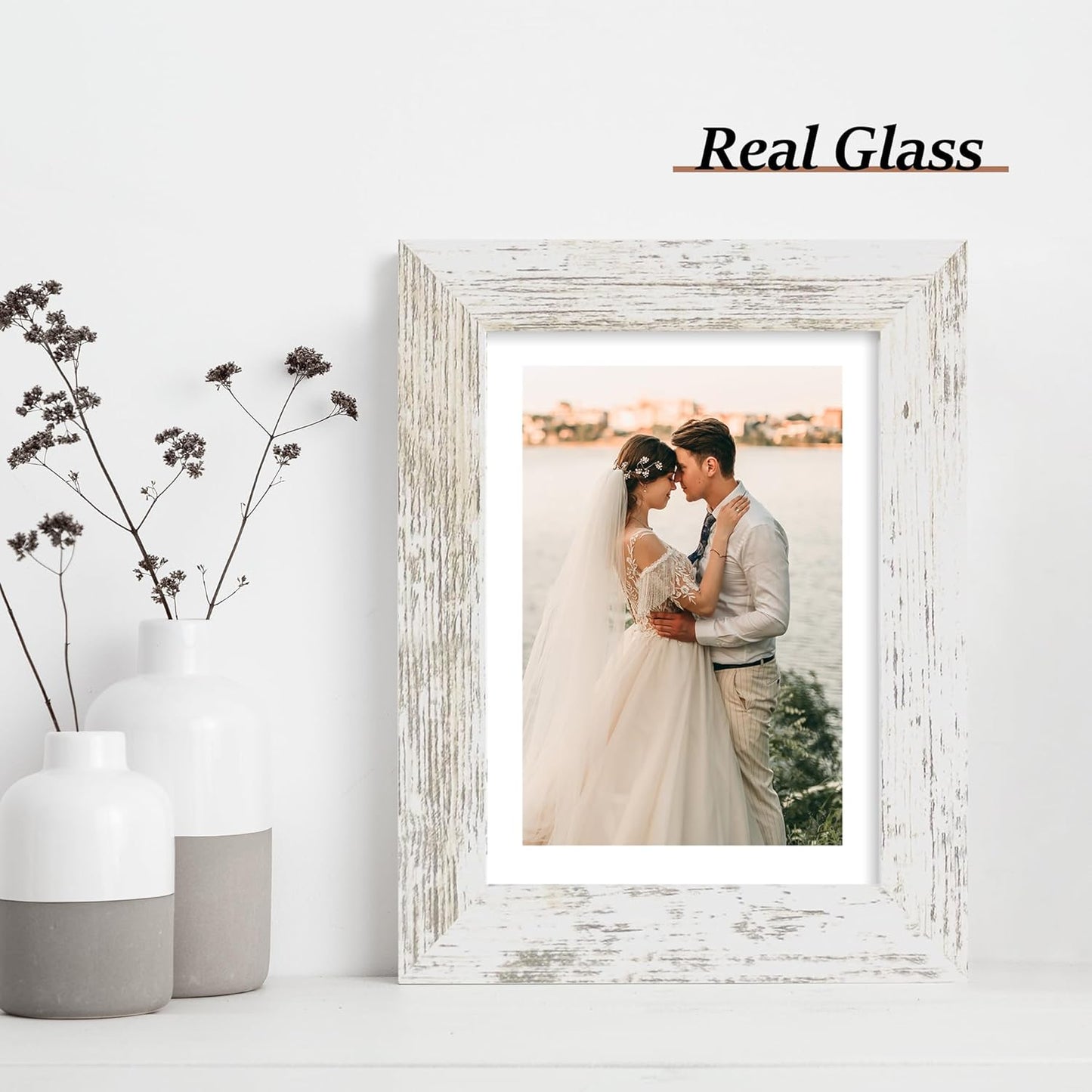 iRahmen 5x7 Picture Frame Set of 2 with HD Glass, Distressed White Wood Photo Frames Display 4x6 Picture with Mat or 5 x 7 Without Mat for Horizontal or Vertical Tabletop and Wall Mounting