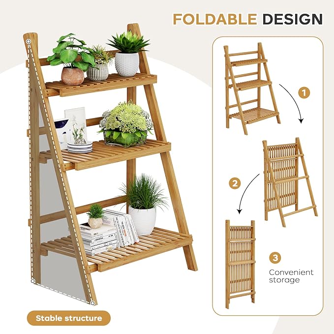 Foldable Plant Shelf Ladder Shelf, 3 Tier Bamboo Ladder Flower Pot Display Shelf, Freestanding Ladder Bookshelf Rack for Garden, Balcony, Yard, Living Room, 23.6" W x 15" D x 39.4" H, Natural