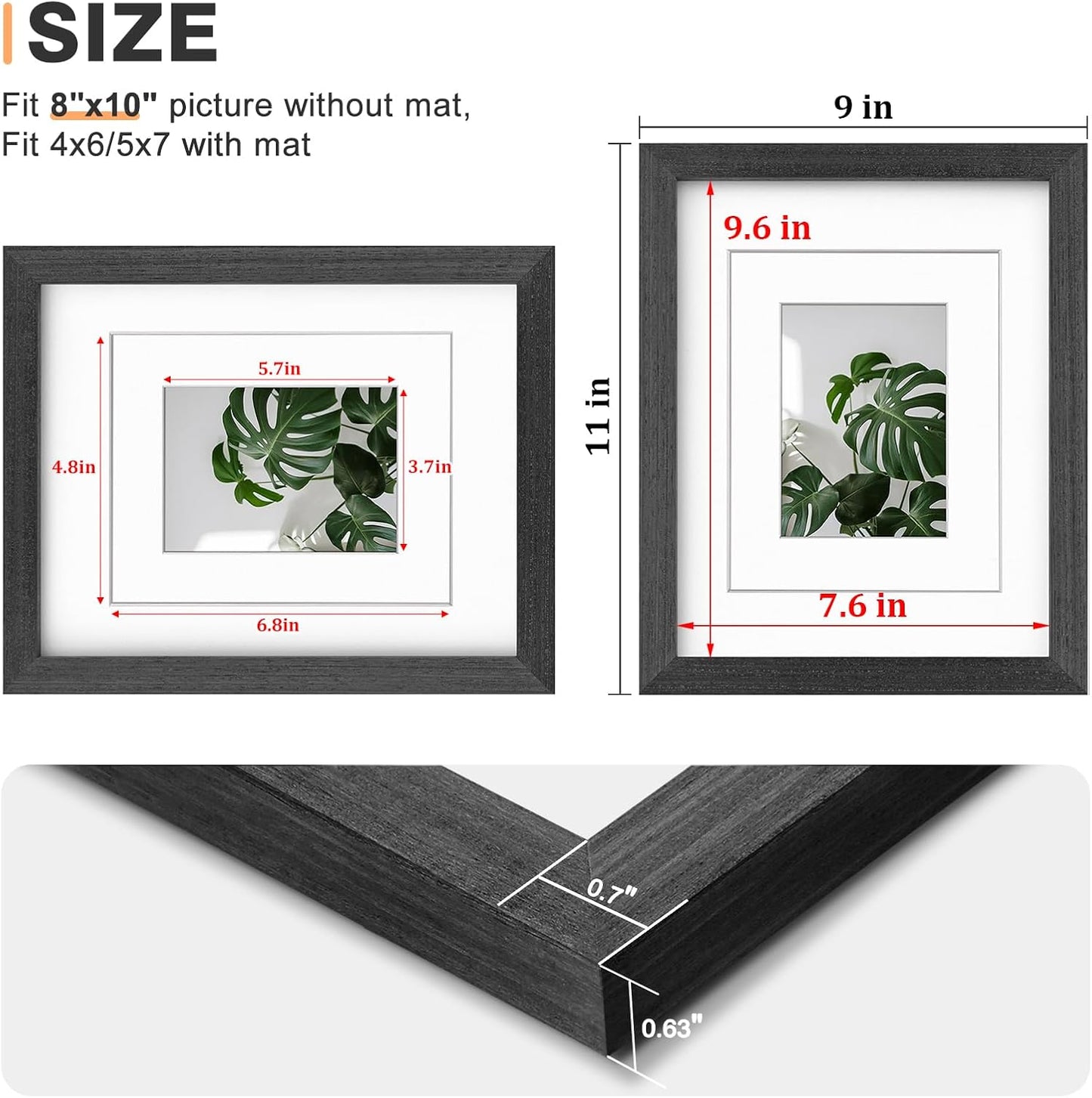 Egofine 8x10 Picture Frames Set of 4, Made of Solid Wood Covered by Plexiglass 4x6 and 5x7 with Mat or 8x10 without Mat, for Table Top Display and Wall Mounting Photo Frame Rustic Black