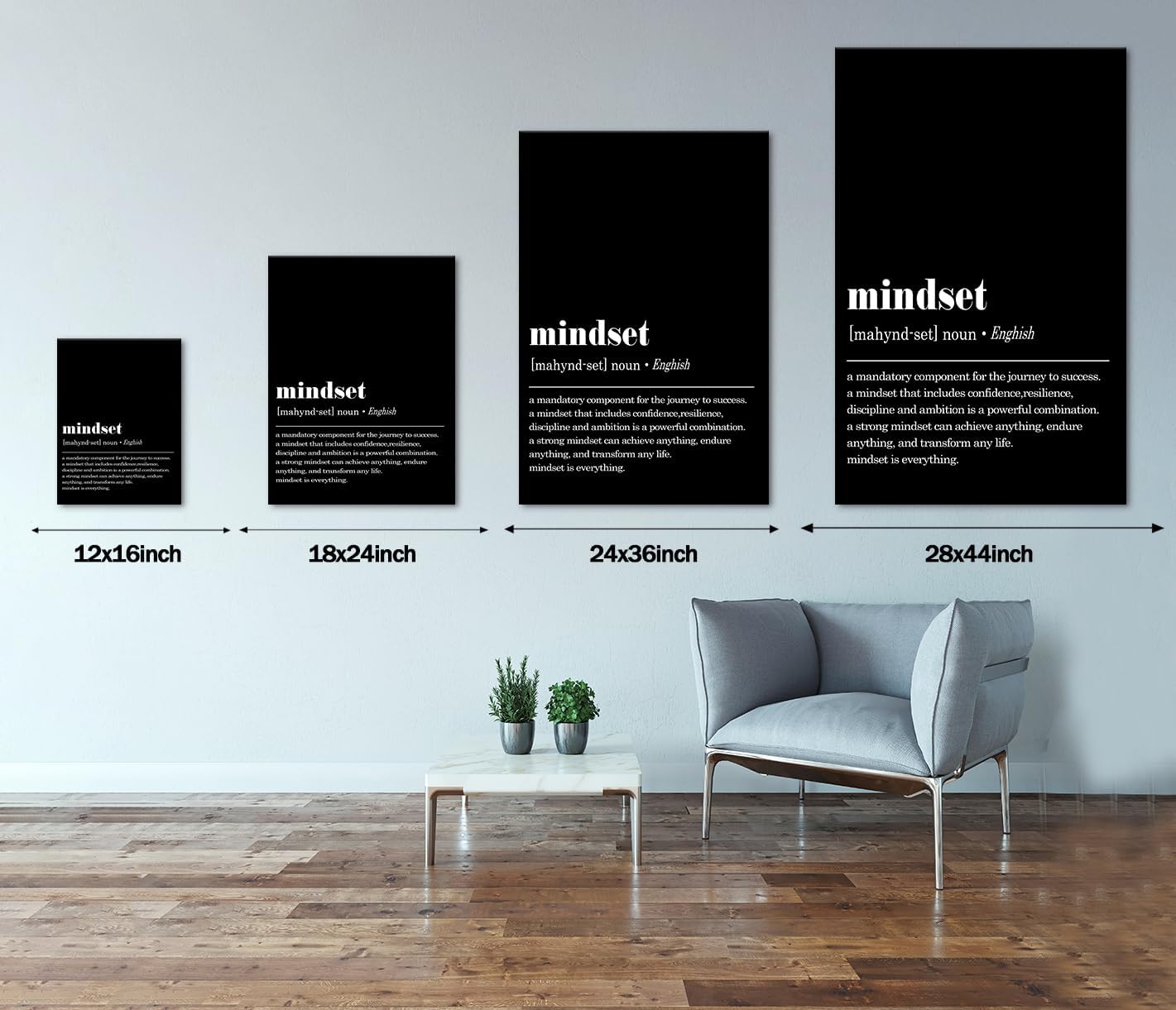 Inspirational Office Wall Art, Framed Mindset Is Everything Canvas Print Black and White Motivational Wall Decor Positive Quotes Poster Entrepreneurs Artwork for Work Place Home Decoration, 24"x 36"