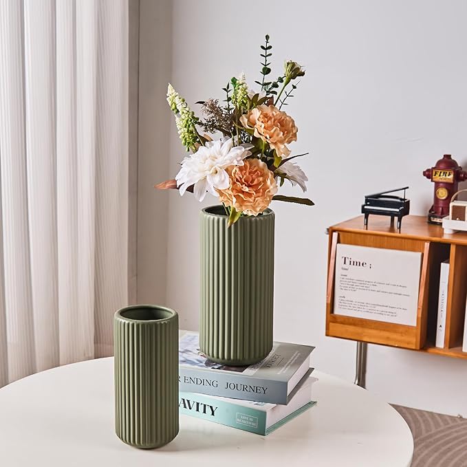 Green Ceramic Flower Vase for Pampas Grass, 10 inch Large Decorative Centerpiece Ribbed Vase for Dining Table, Office Desktop, Shelf Bookshelf, Mantel, Entryway, Bathroom, Countertop, Farmhouse, Gift