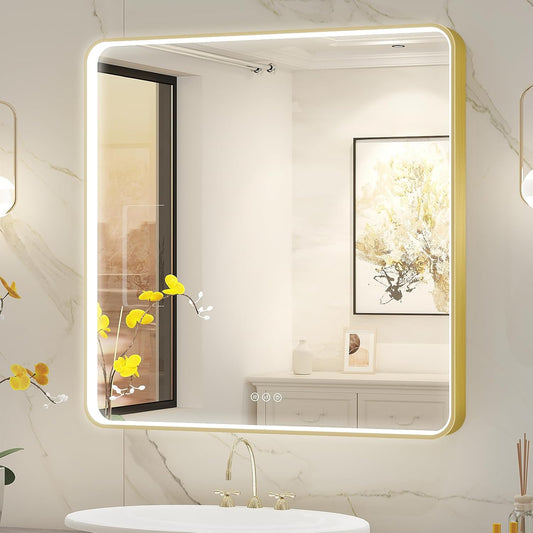 LED Mirror for Bathroom 32X32 Inch Gold Framed with Anti-Fog, Stepless Dimmable, Front Lit, LED Bathroom Vanity Mirror for Wall, Memory Function, Shatter-Proof