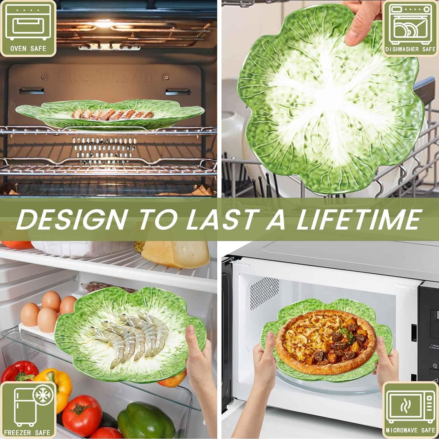 KXZ 2 Pcs of Cabbage Plates, Green Ceramic Salad Plate, 10.5 Inch Porcelain Decorative Plates for Kitchen, Round dishware for Dessert, Decorative, Dinner, Pancakes, Microwave & Dishwasher Safe