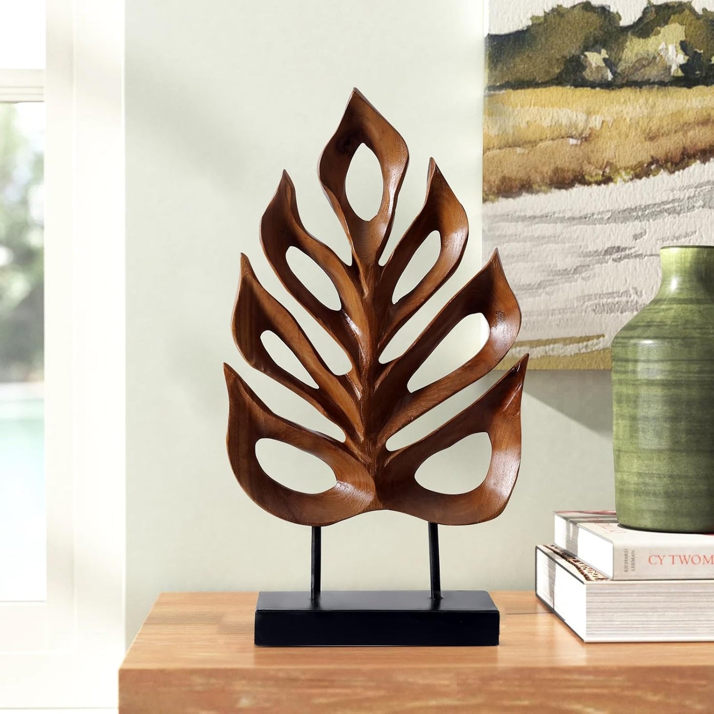 Leaf Teak Sculpture, Wood Tabletop Sculpture Collectible Decoration Gift for Home Office Decor