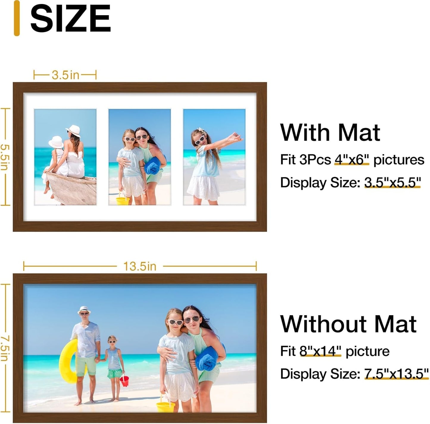 decorUhome 8x14 Picture Frames Collage Wall Decor, Display 3Pcs 4x6 Photos with Mat or 1Pcs 8x14 Unmatted, 3 4x6 Collage Picture Frames for Wall Mounting, Brown