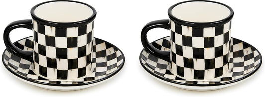 MACKENZIE-CHILDS Set of 2 Stoneware Espresso Cup and Saucer, Cute Coffee Cups, Black-and-White Courtly Check